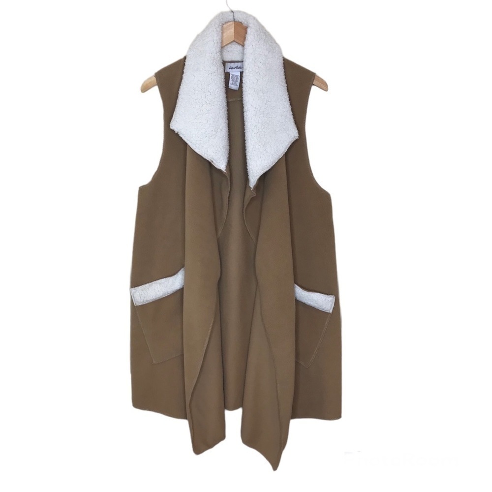 Le Moda Womens M? No Size Tag Open Front Vest Faux Fur Collar Pockets Tan Fleece